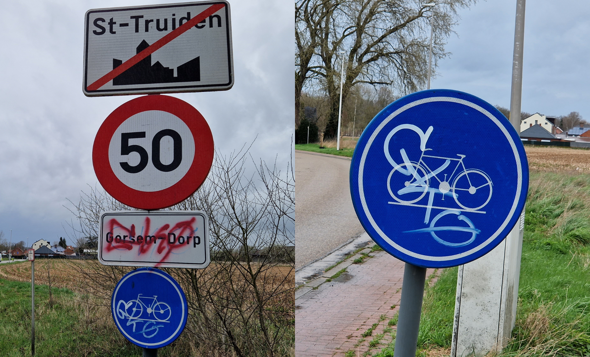 Vandalen besmeuren verkeersborden op de Gorsemweg en Gorsem-Dorp