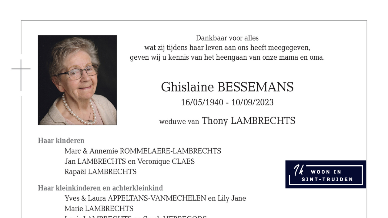 Overlijdensbericht Ghislaine BESSEMANS