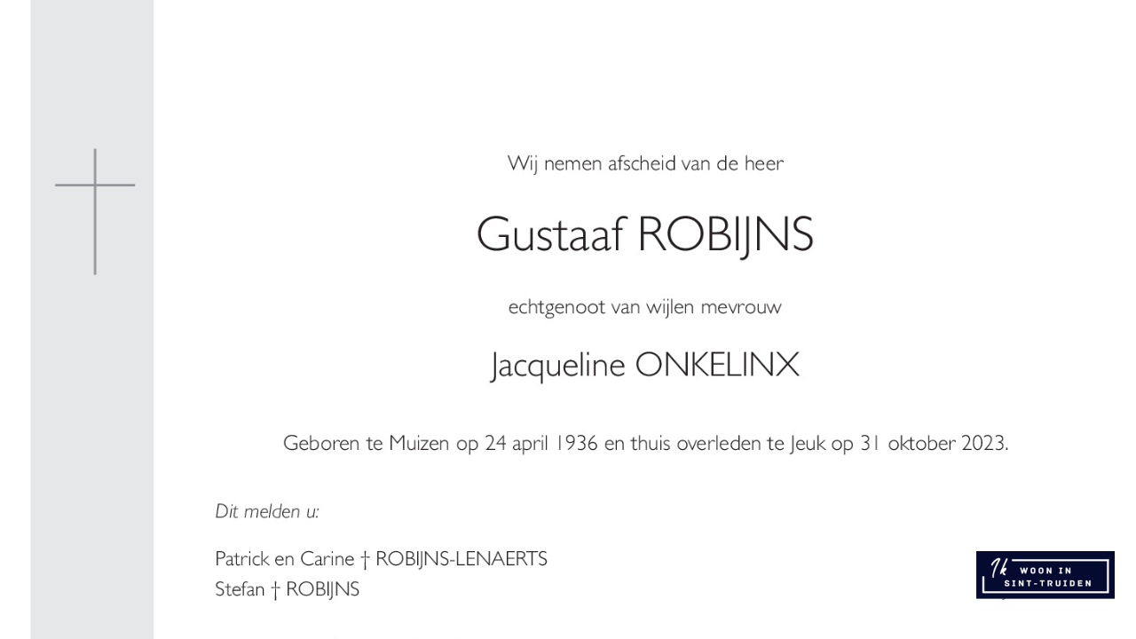 Overlijdensbericht van Gustaaf ROBIJNS