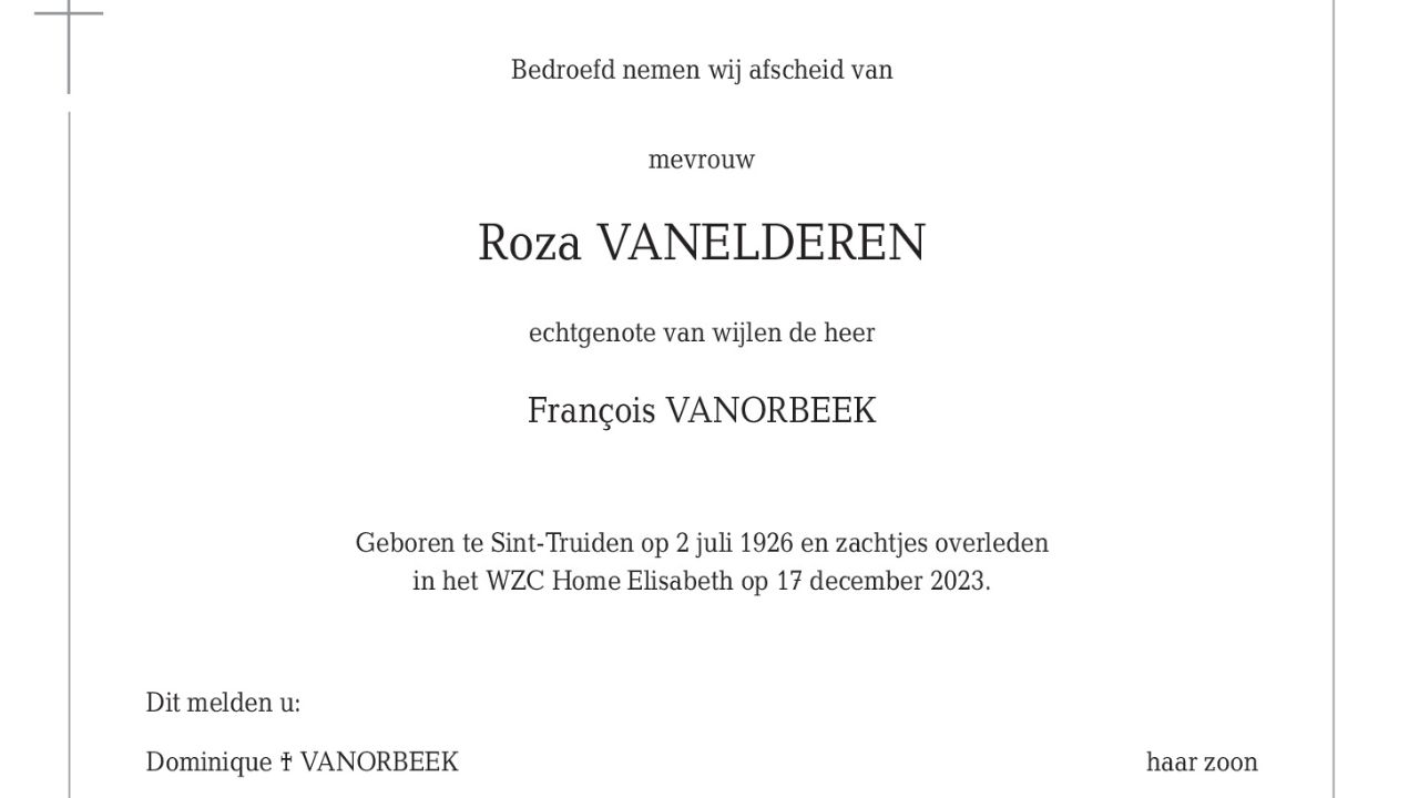 Overlijdensbericht van Roza VANELDEREN