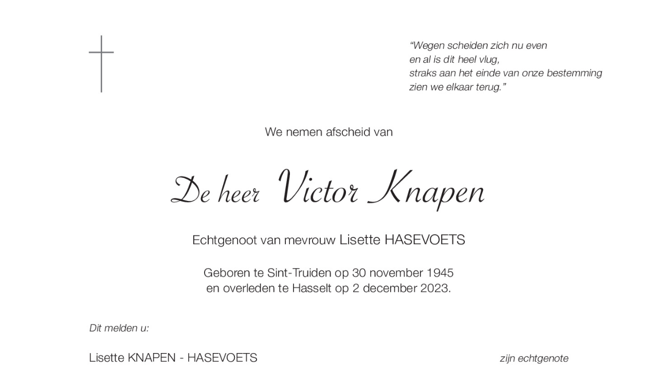 Overlijdensbericht van de heer Victor Knapen