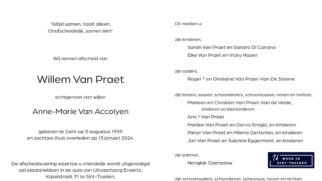 Overlijdensbericht van Willem Van Praet