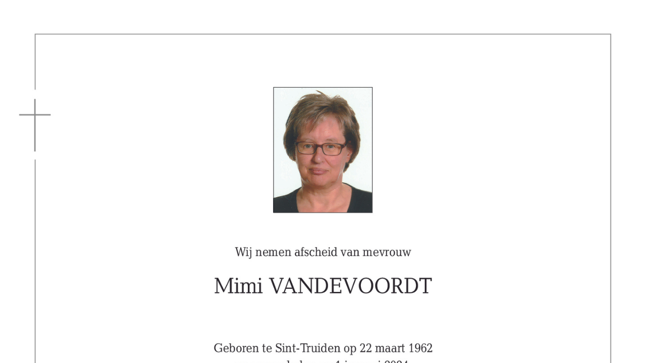 Overlijdensbericht van Mimi VANDEVOORDT