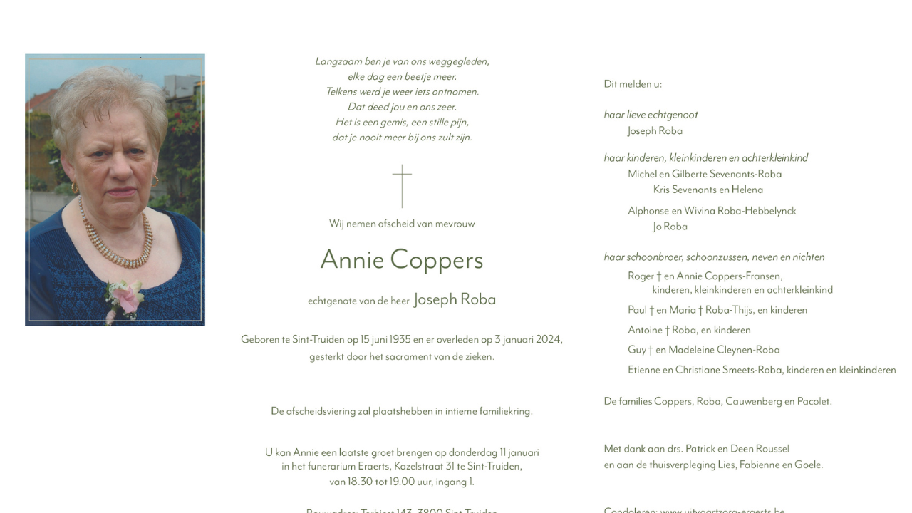 Overlijdensbericht van Annie Coppers