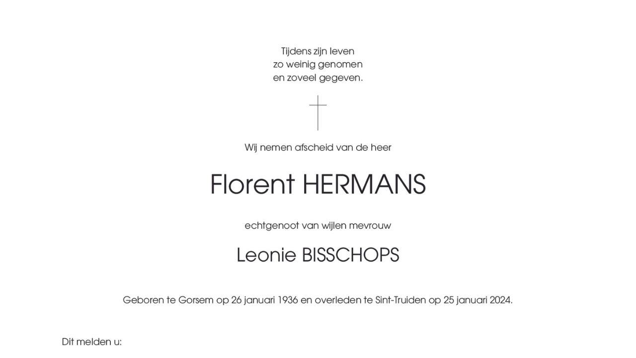 Overlijdensbericht van Florent HERMANS
