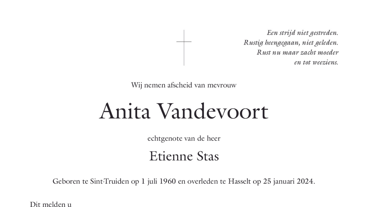 Overlijdensbericht van Anita Vandevoort