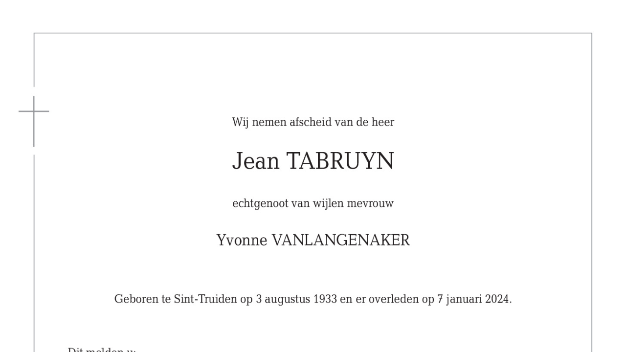 Overlijdensbericht van Jean TABRUYN