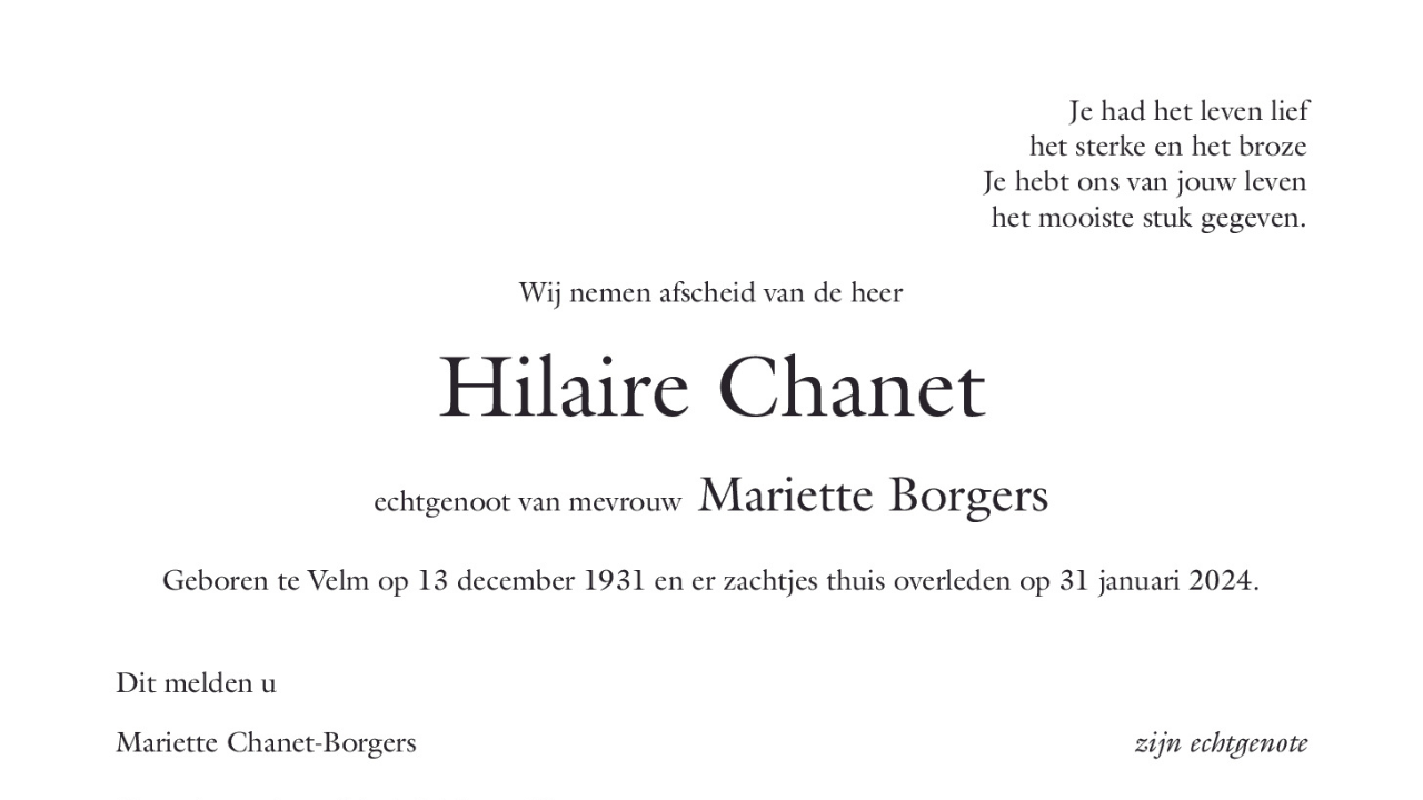 Overlijdensbericht van Hilaire Chanet