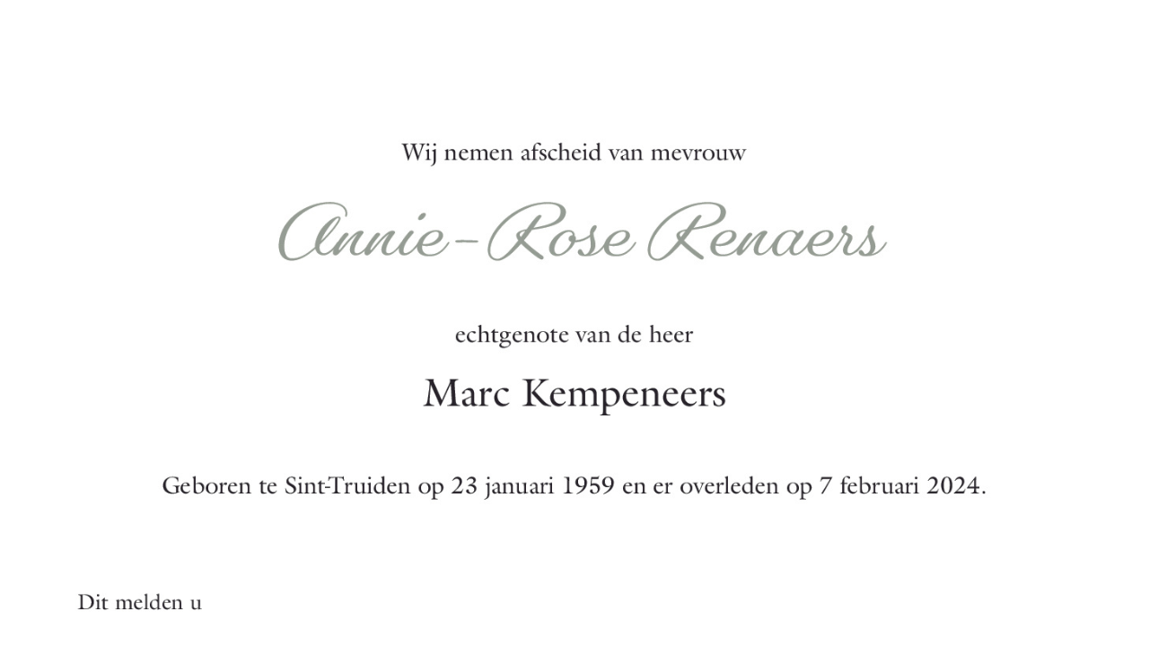 Overlijdensbericht van Annie-Rose Renaers