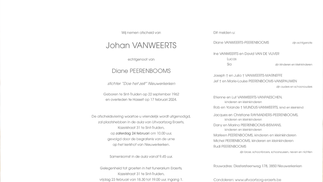 Overlijdensbericht van Johan VANWEERTS