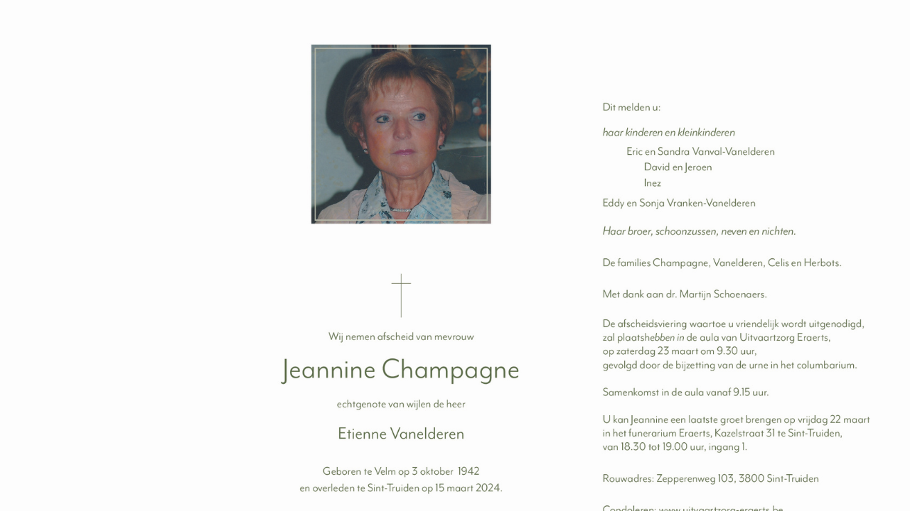 Overlijdensbericht Jeannine Champagne