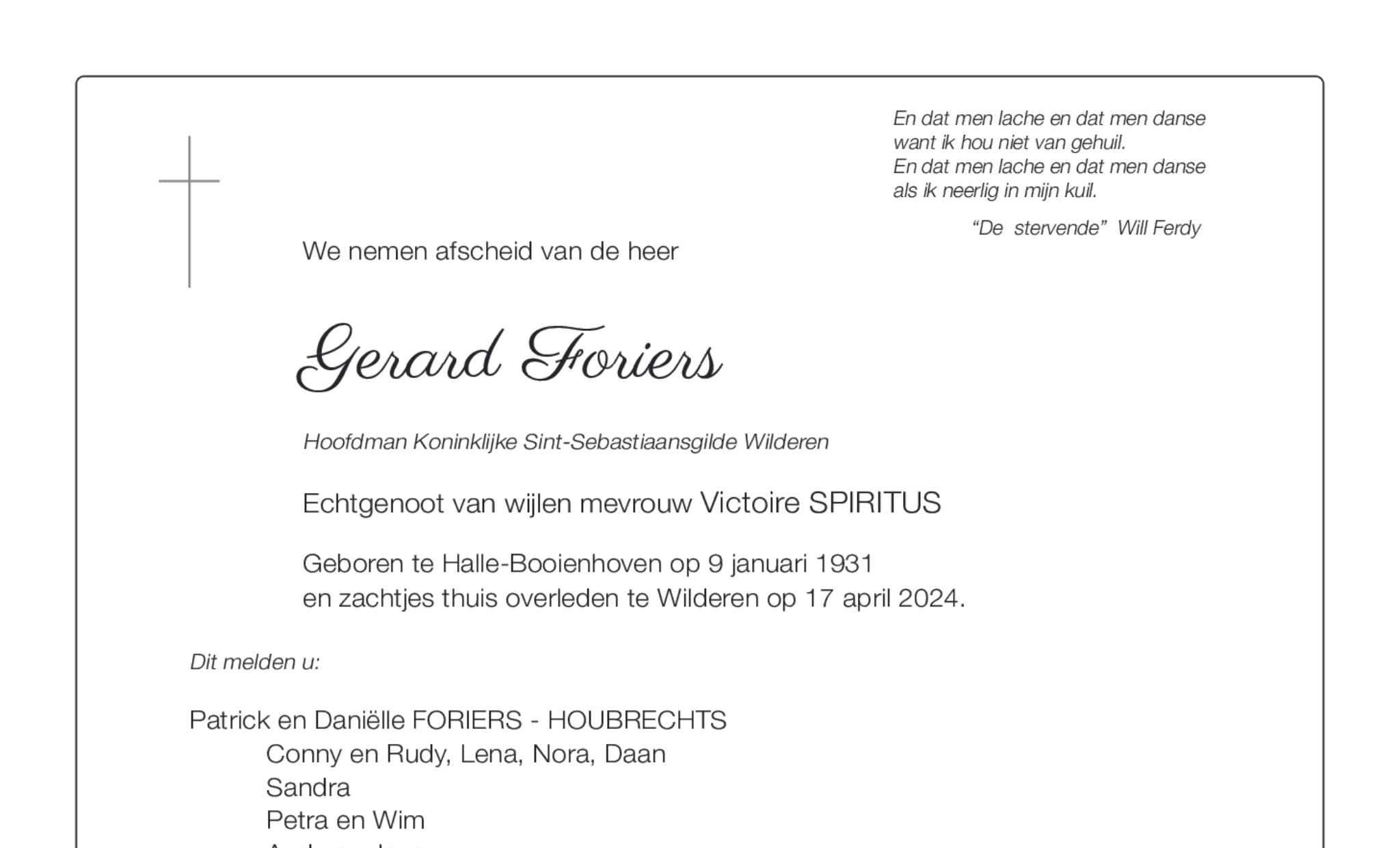 Overlijdensbericht Gerard Foriers