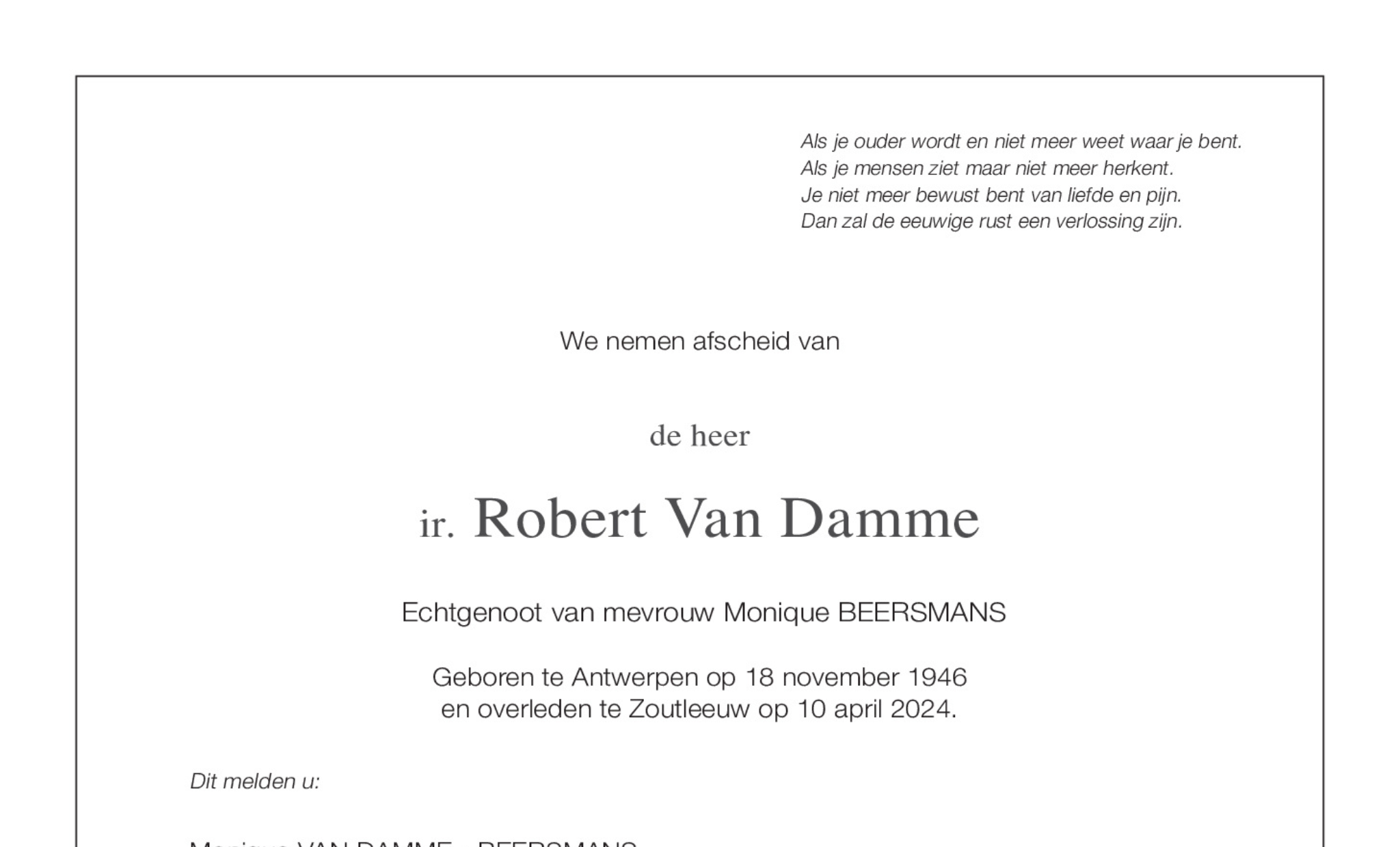 Overlijdensbericht ir. Robert Van Damme