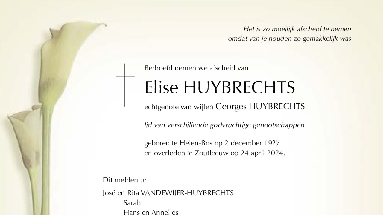 Overlijdensbericht Elise HUYBRECHTS