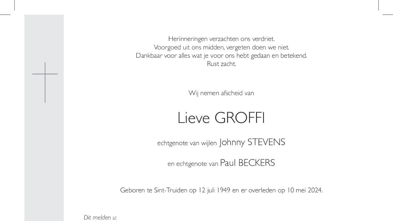 Overlijdensbericht van Lieve GROFFI