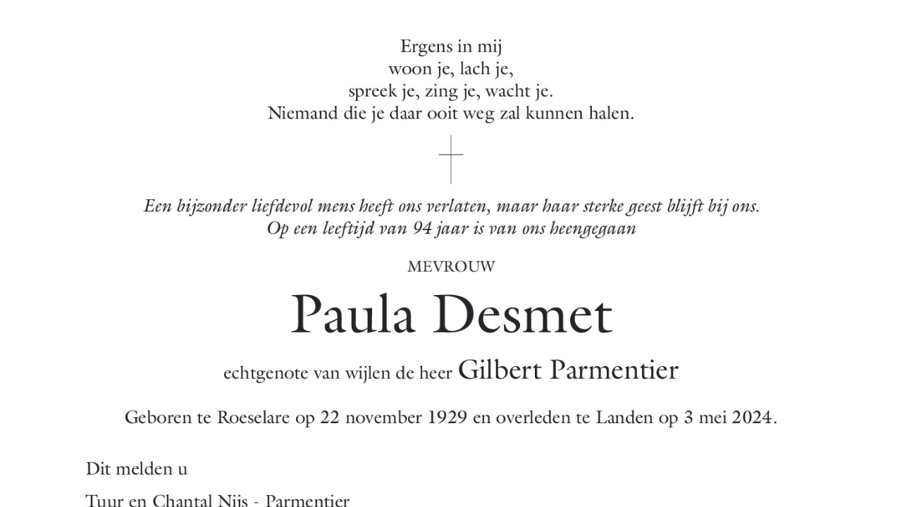 Overlijdensbericht Paula Desmet