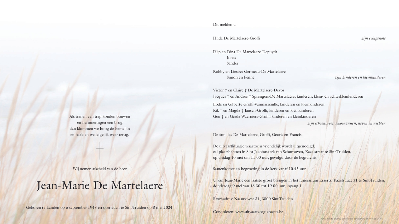 Overlijdensbericht Jean-Marie De Martelaere