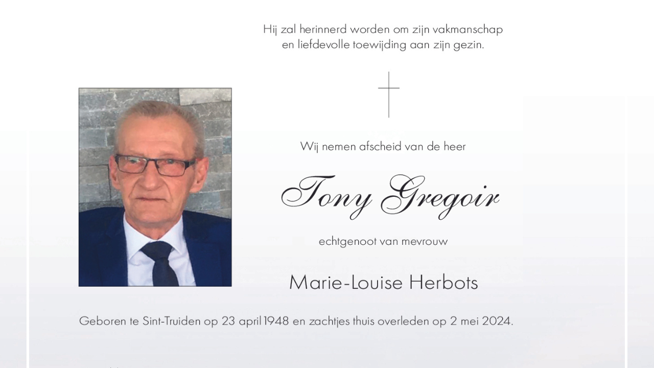 Overlijdensbericht Tony Gregoir