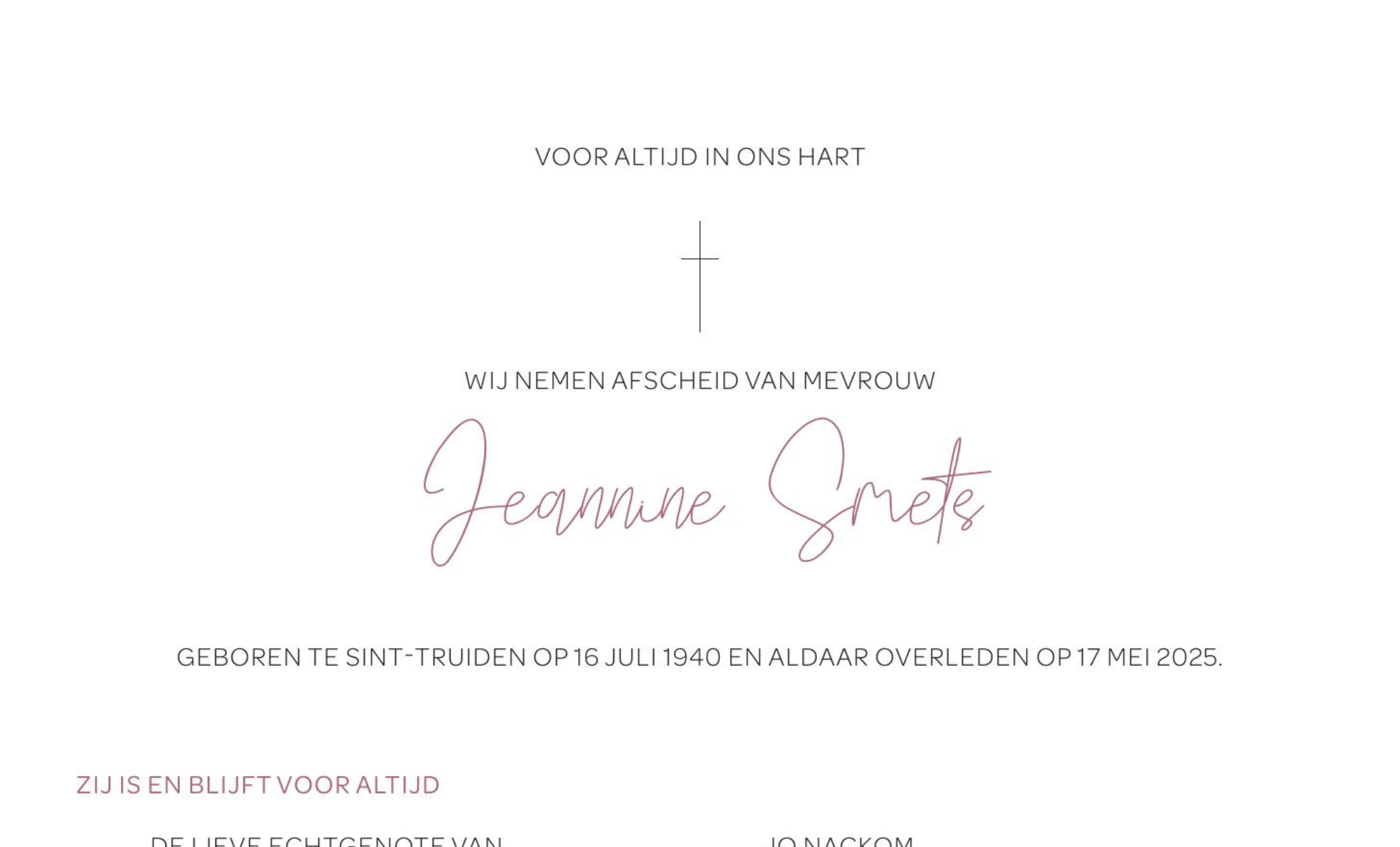 Overlijdensbericht van Jeannine Smets