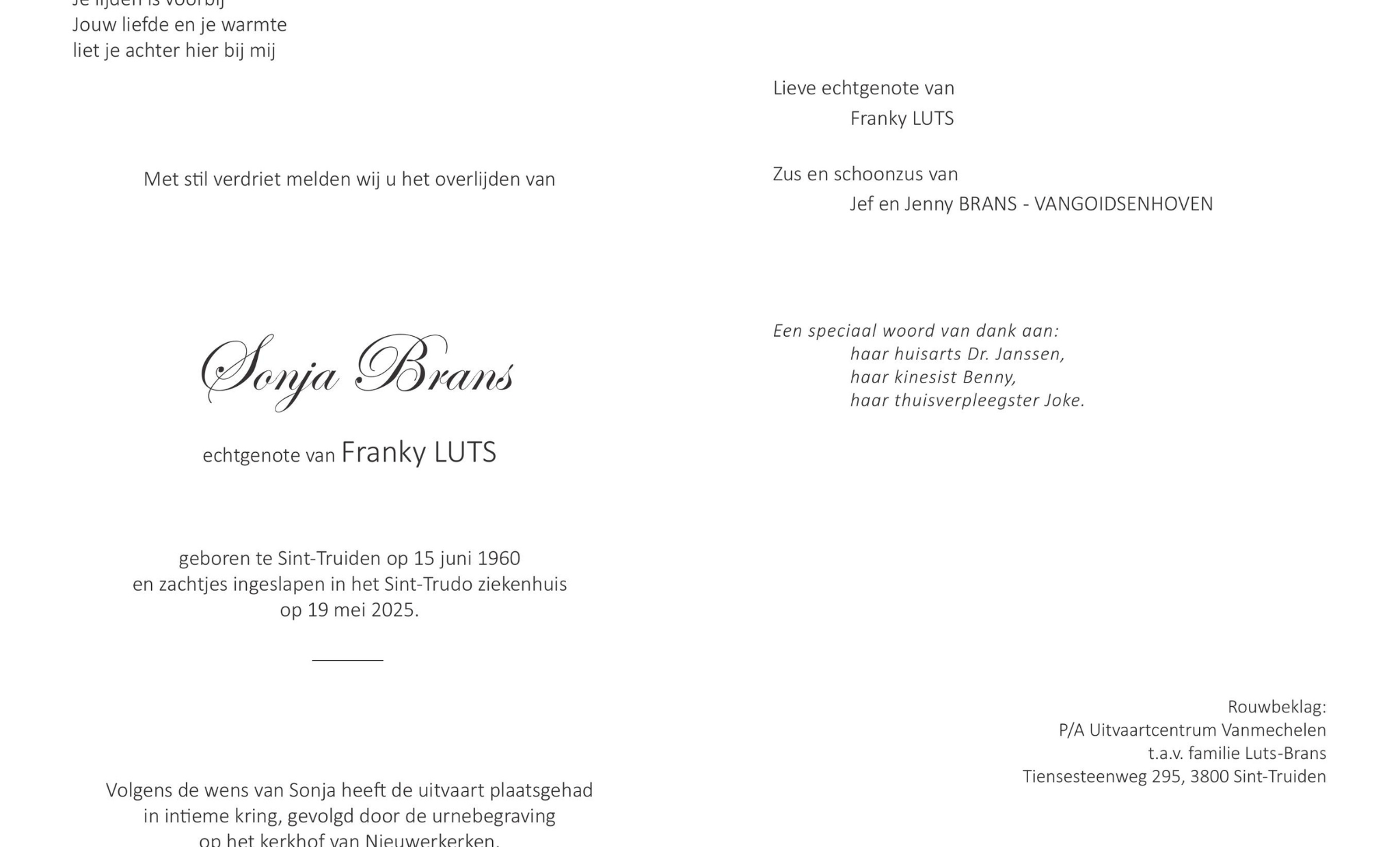 Overlijdensbericht van Sonja Brans