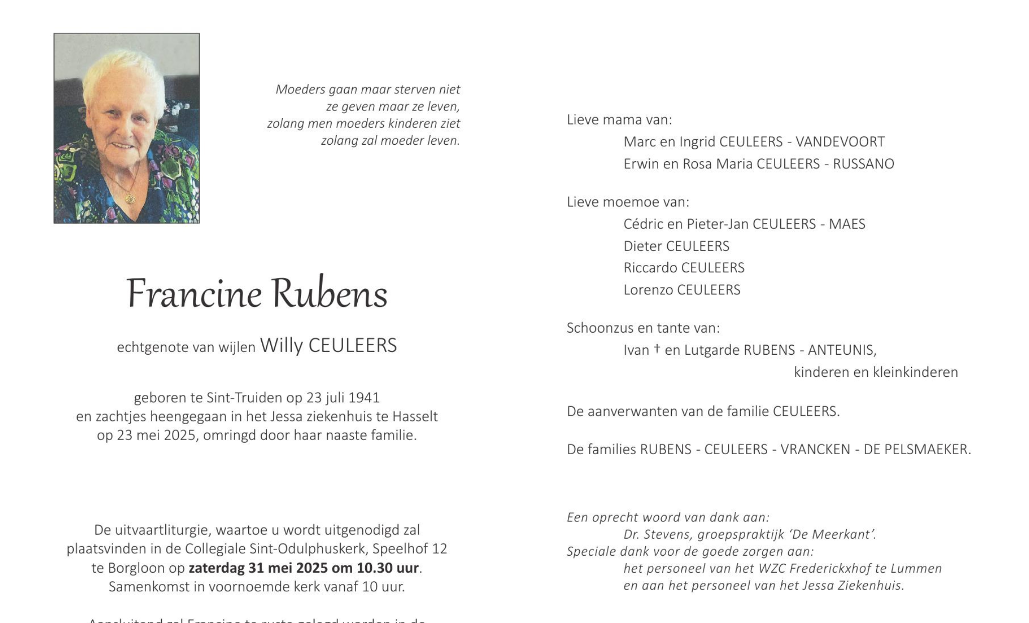 overlijdensbericht van Francine Rubens