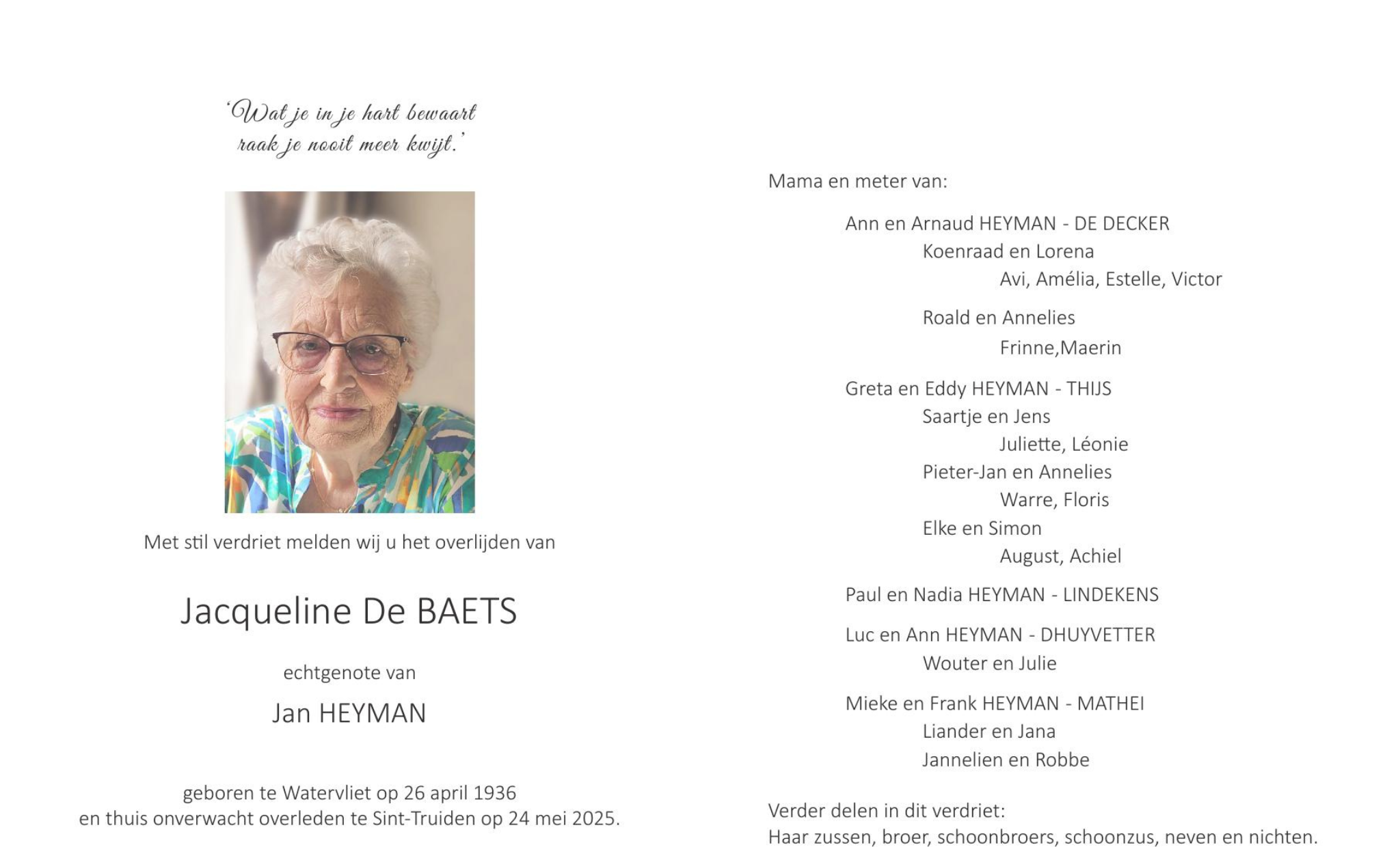Overlijdensbericht van Jacqueline De BAETS