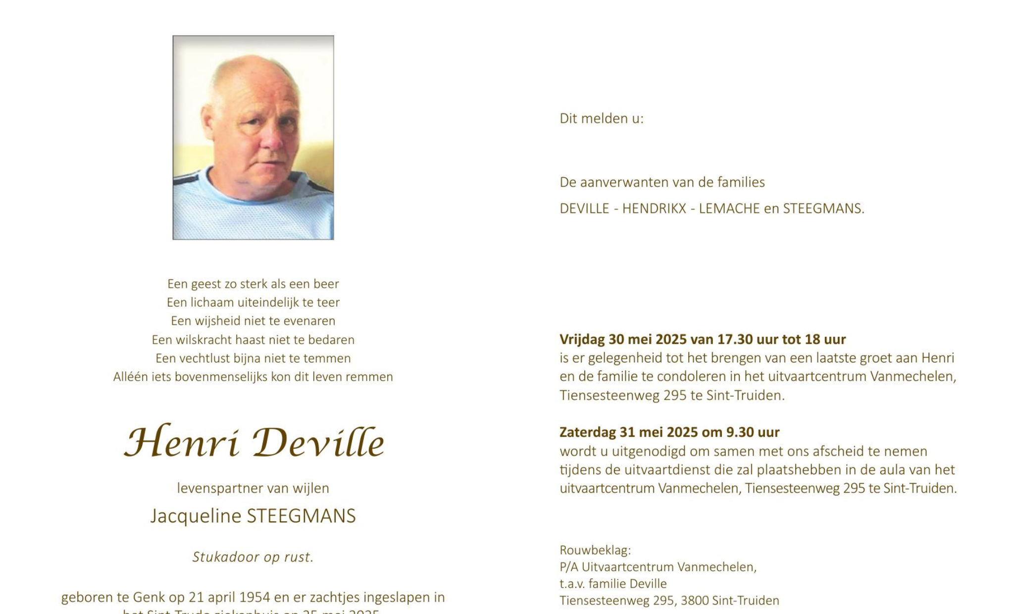 Overlijdensbericht van Henri Deville