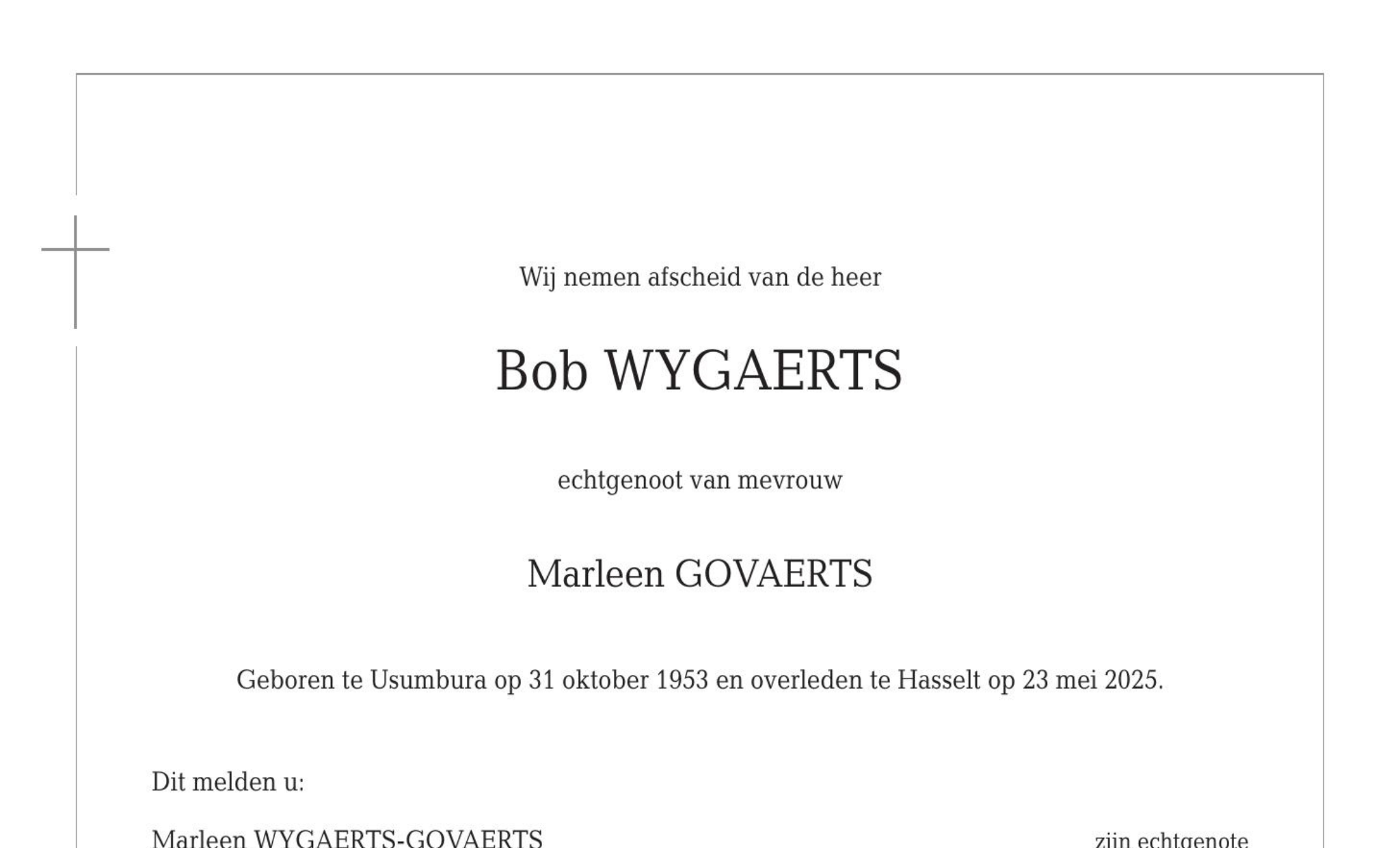 Overlijdensbericht van Bob WYGAERTS