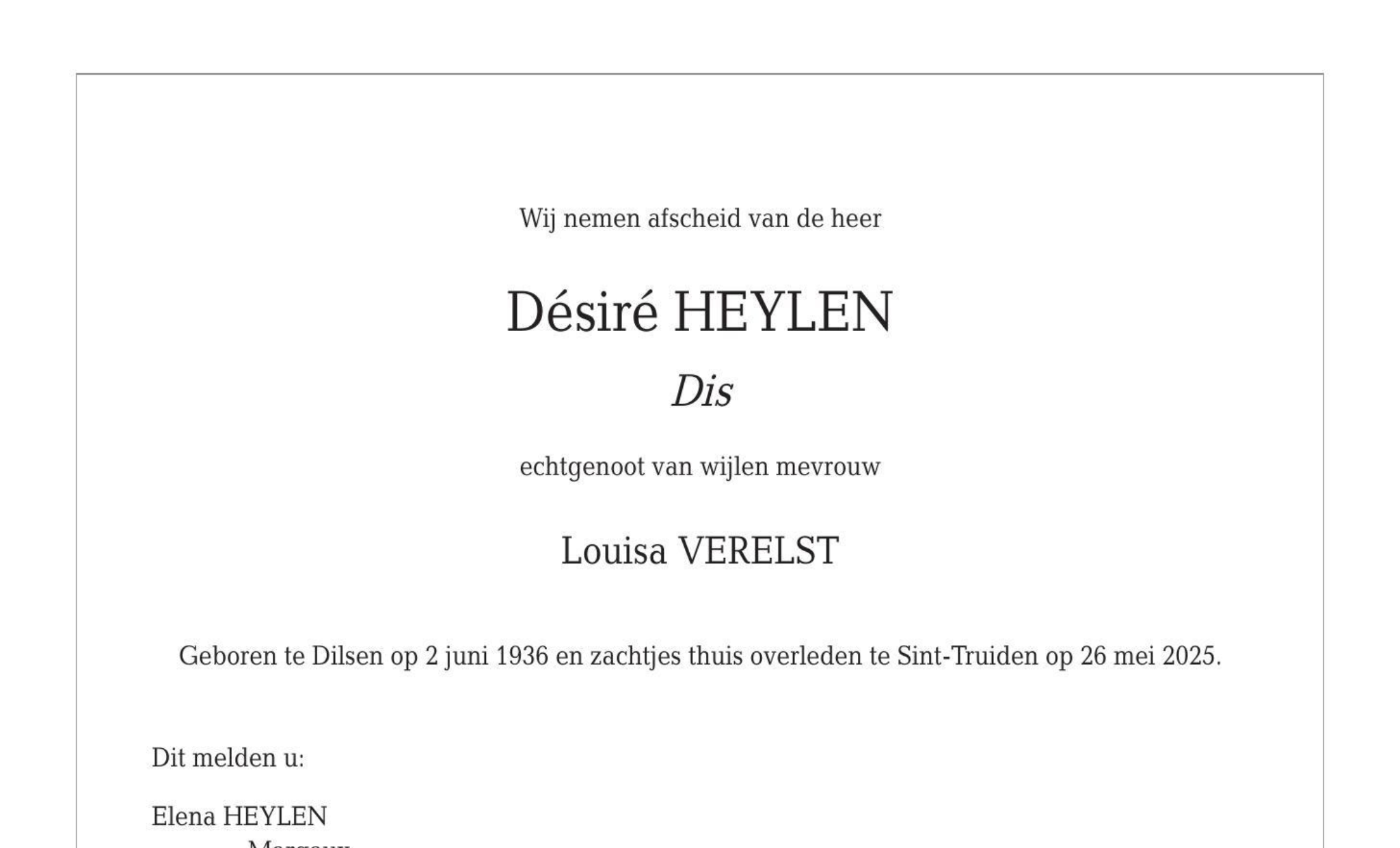 Overlijdensbericht van Désiré HEYLEN
