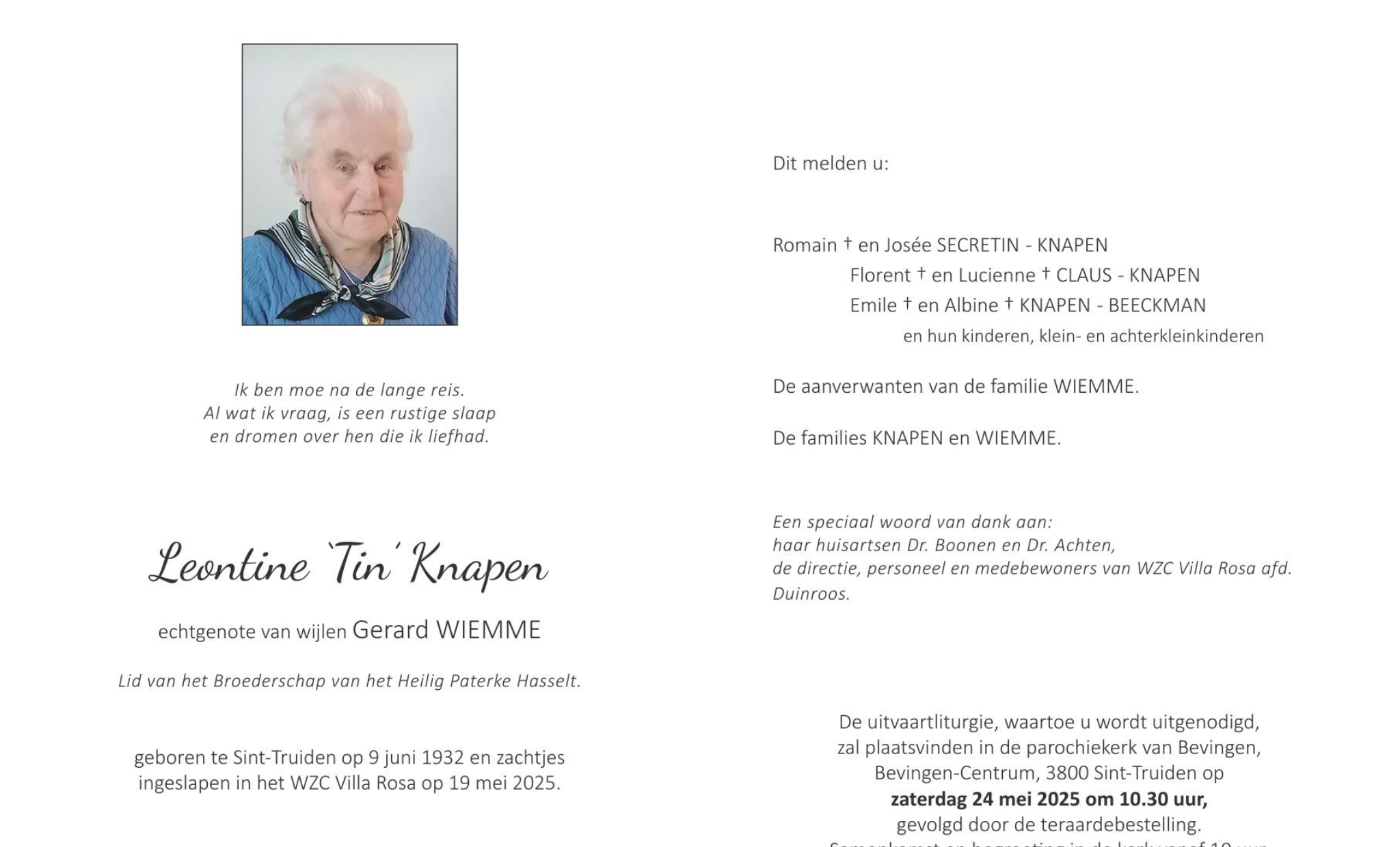 OVERLIJDENSBERICHT VAN Leontine ‘Tin’ Knapen