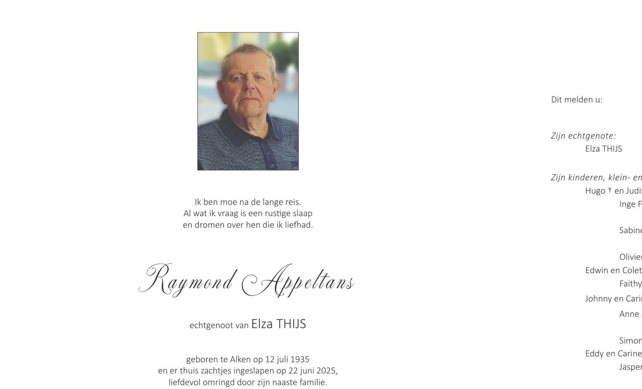 Overlijdensbericht van Raymond Appeltans