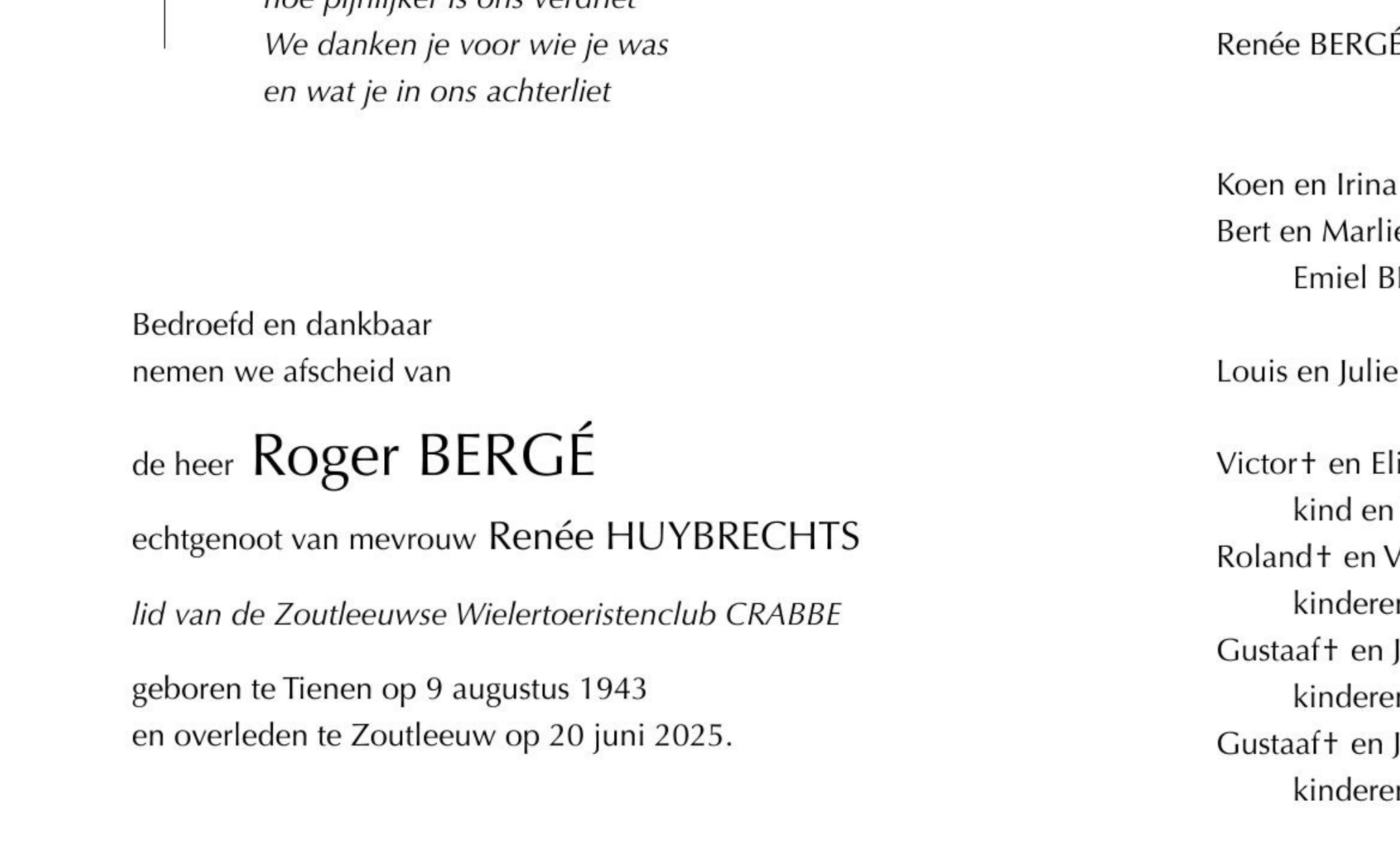 Overlijdensbericht van Roger BERGÉ