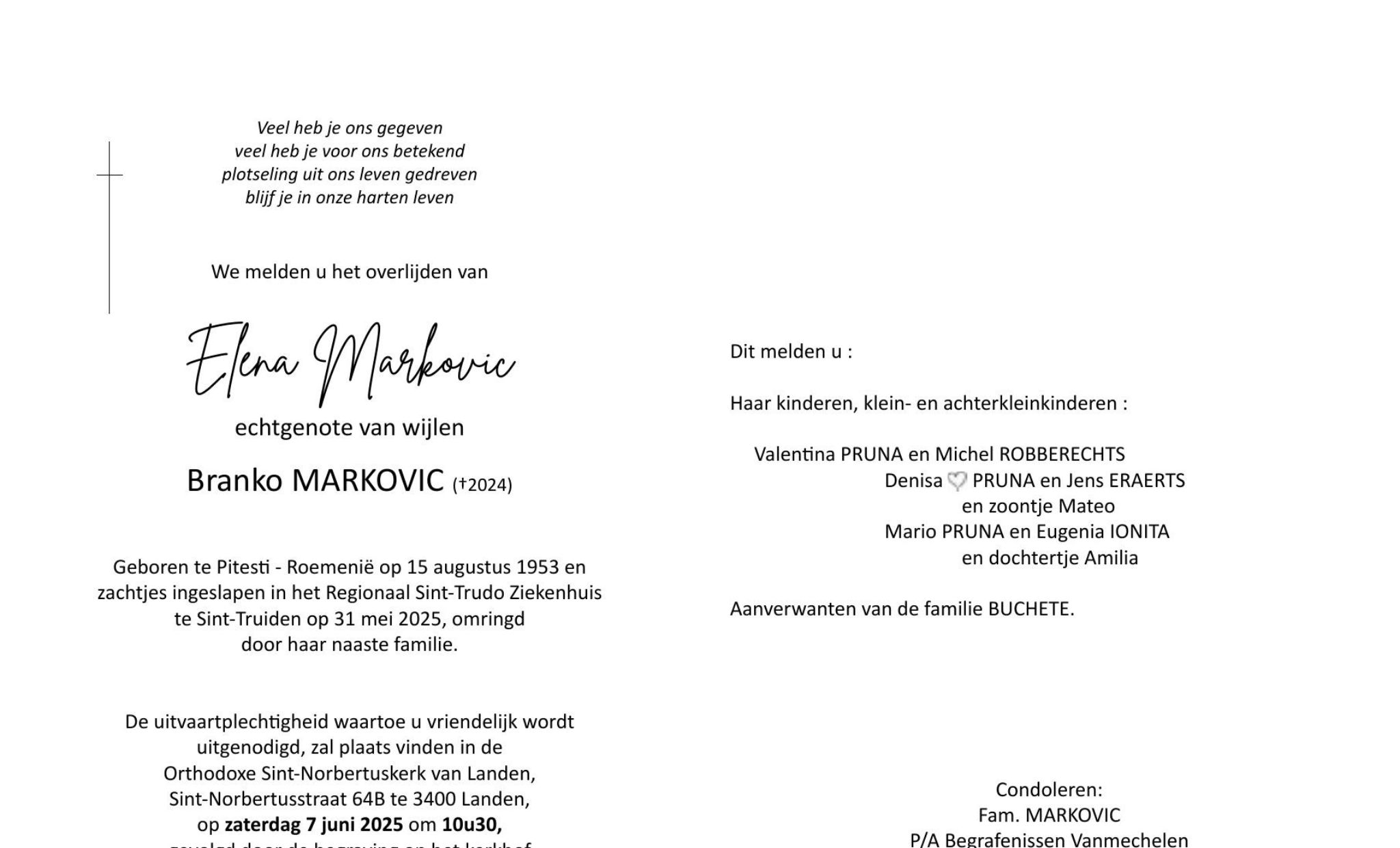 Overlijdensbericht van Elena Markovic