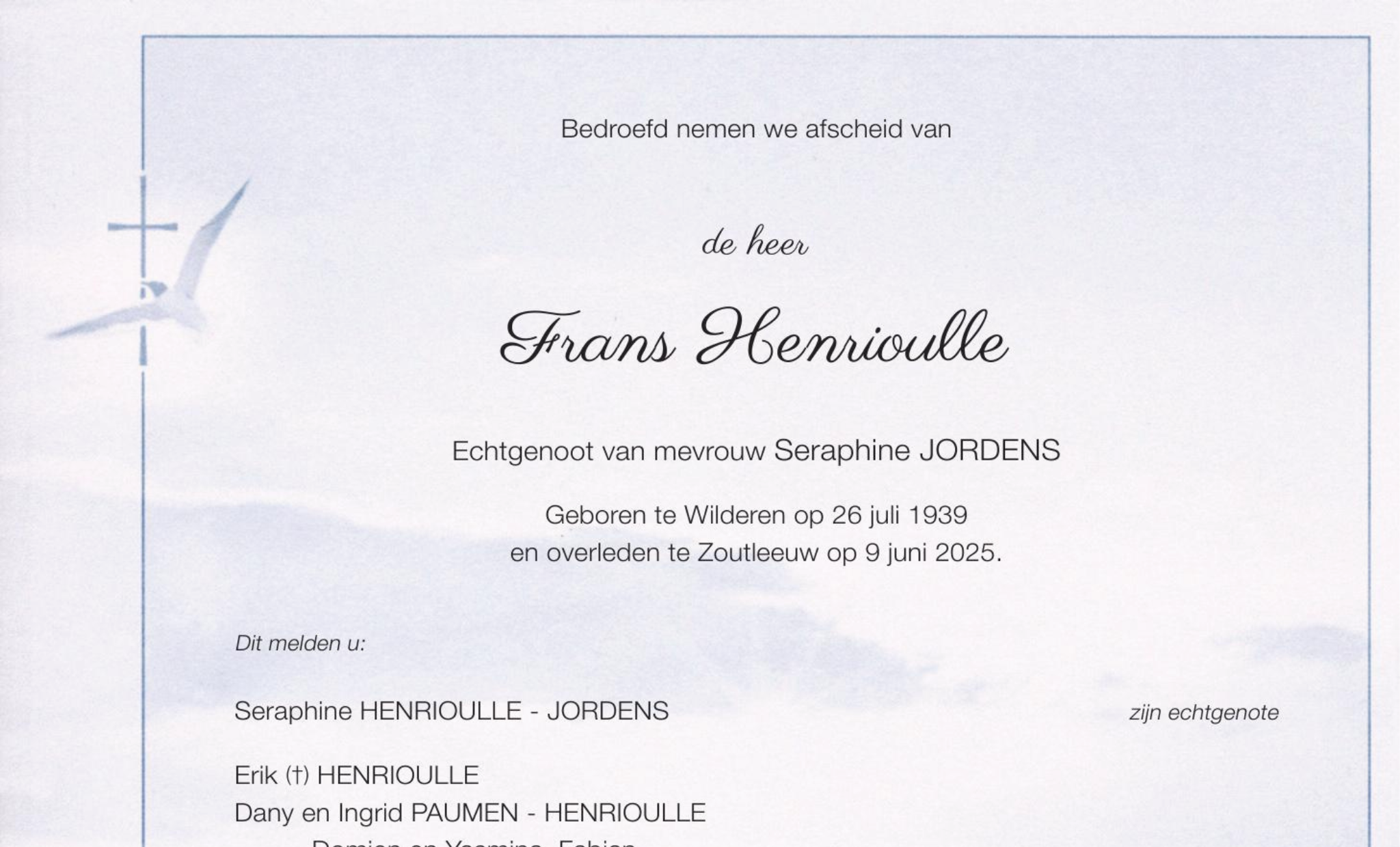 overlijdensbericht van Frans Henrioulle