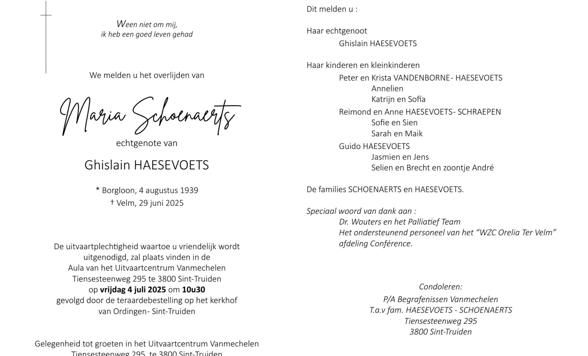 Overlijdensbericht van Maria Schoenaerts