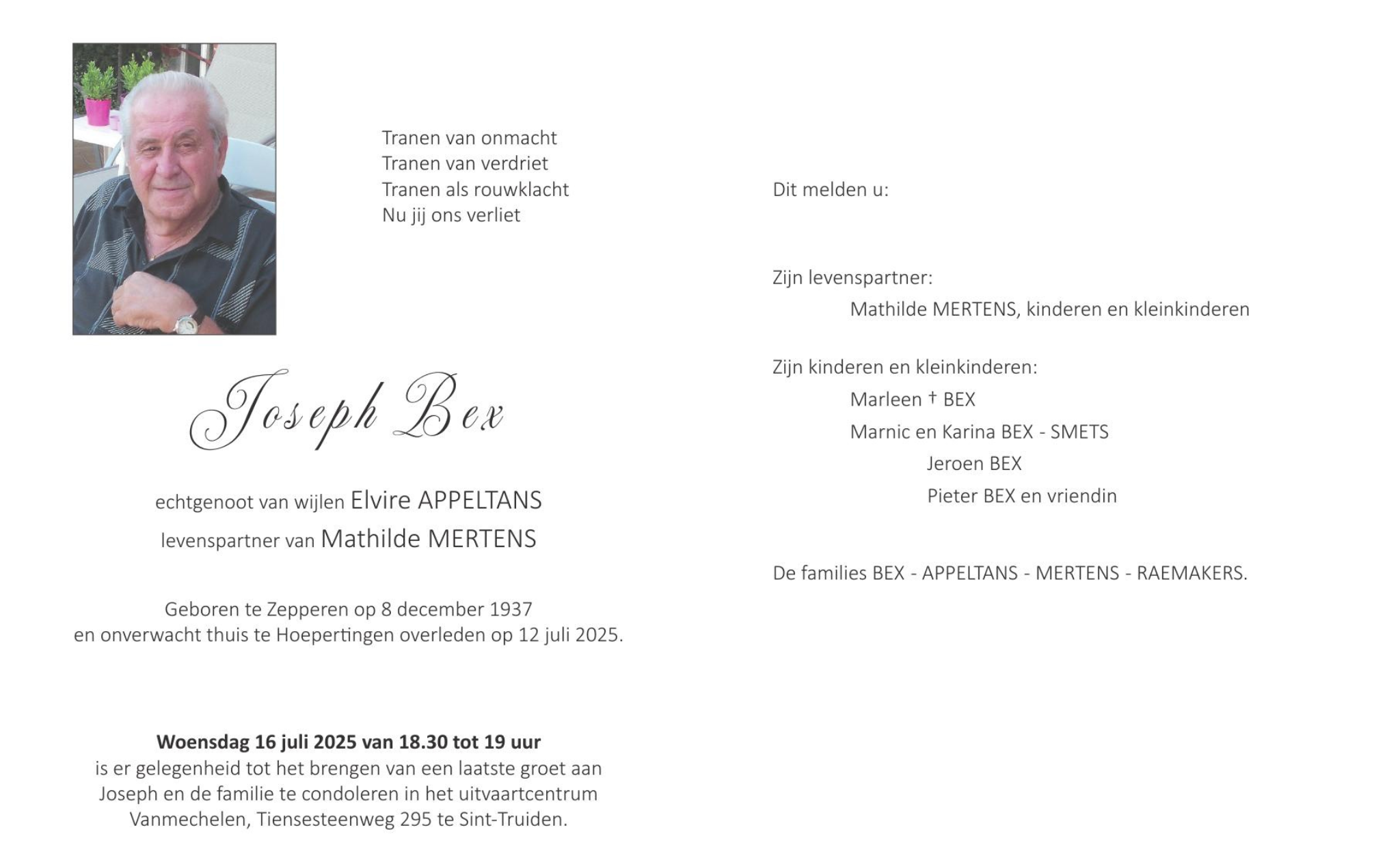 Overlijdensbericht van Joseph Bex