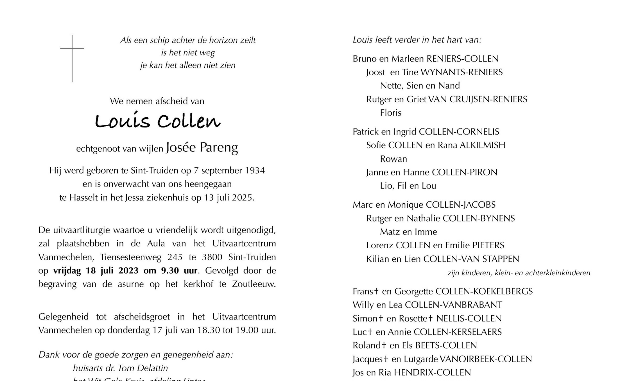 Overlijdensbericht van Louis Collen