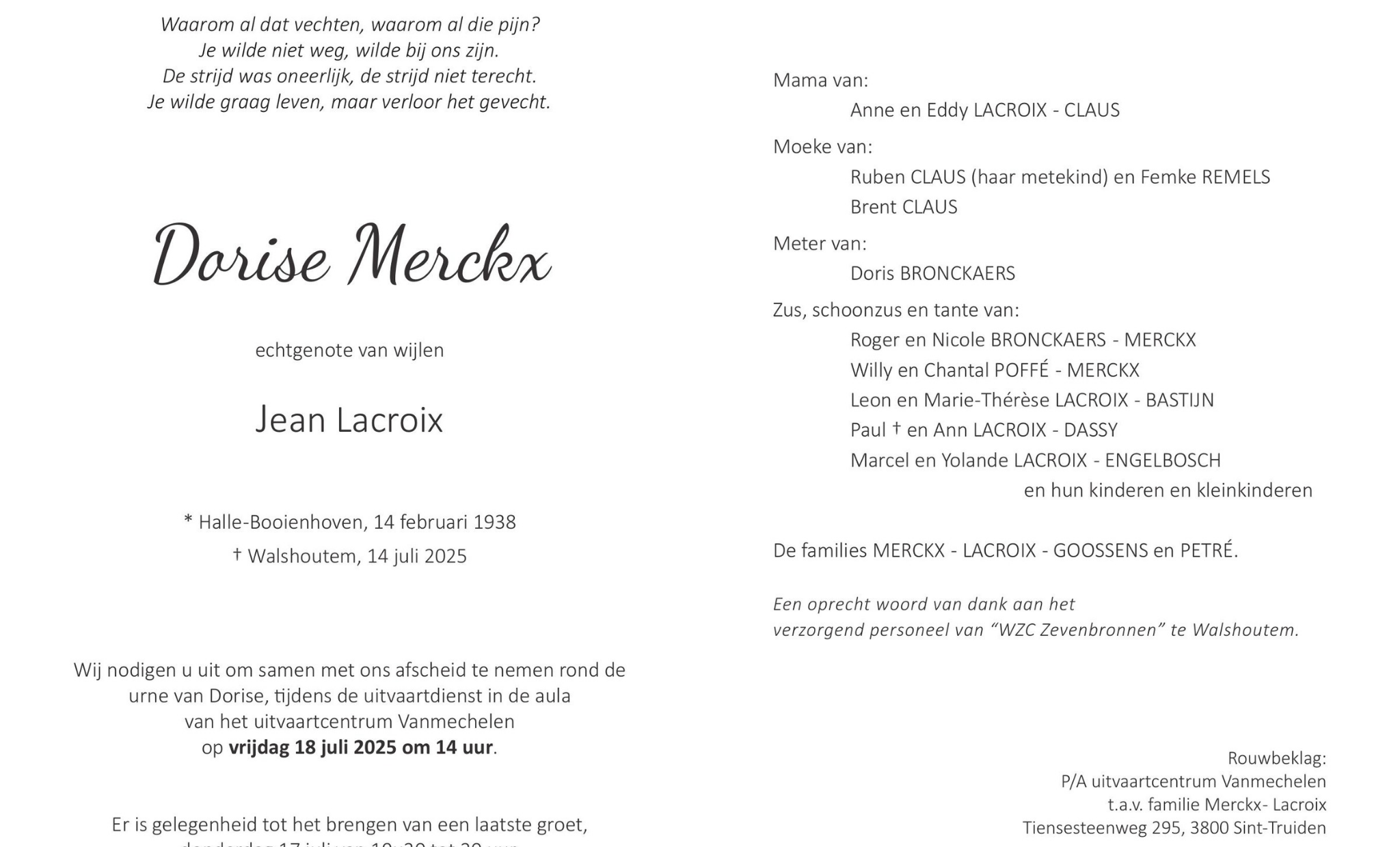Overlijdensbericht van Dorise Merckx