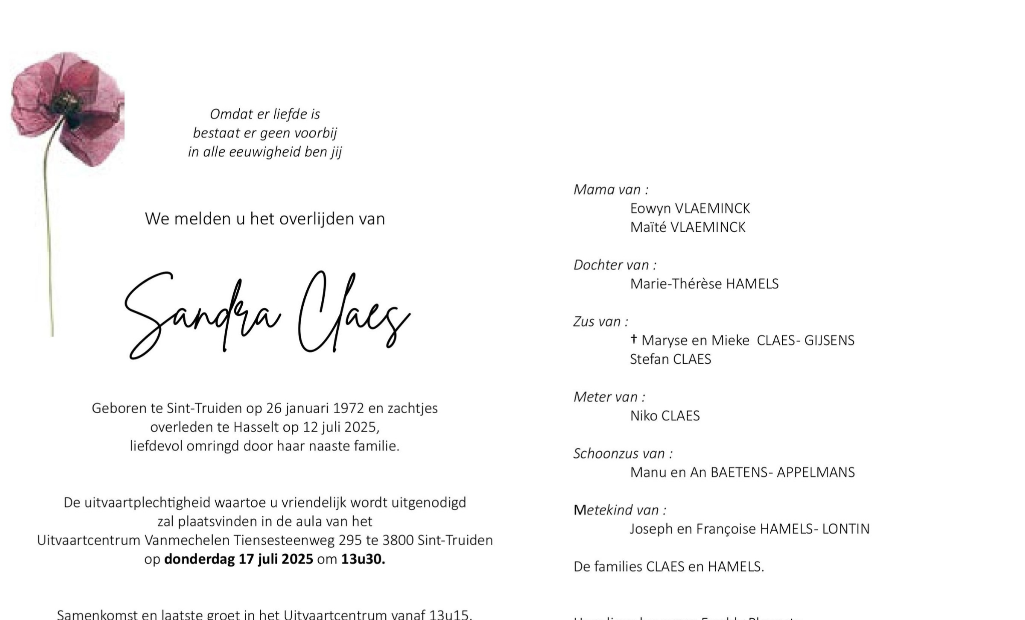 Overlijdensbericht van Sandra Claes