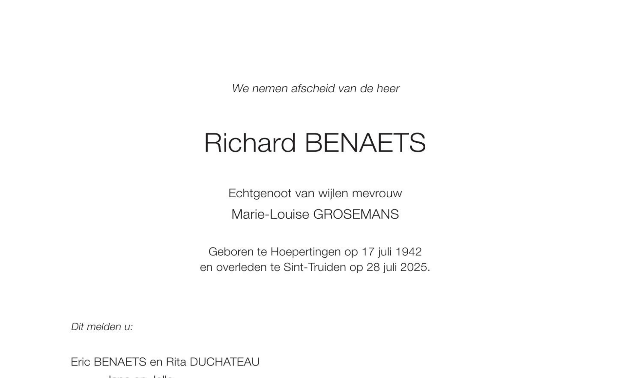 Overlijdensbericht van Richard BENAETS