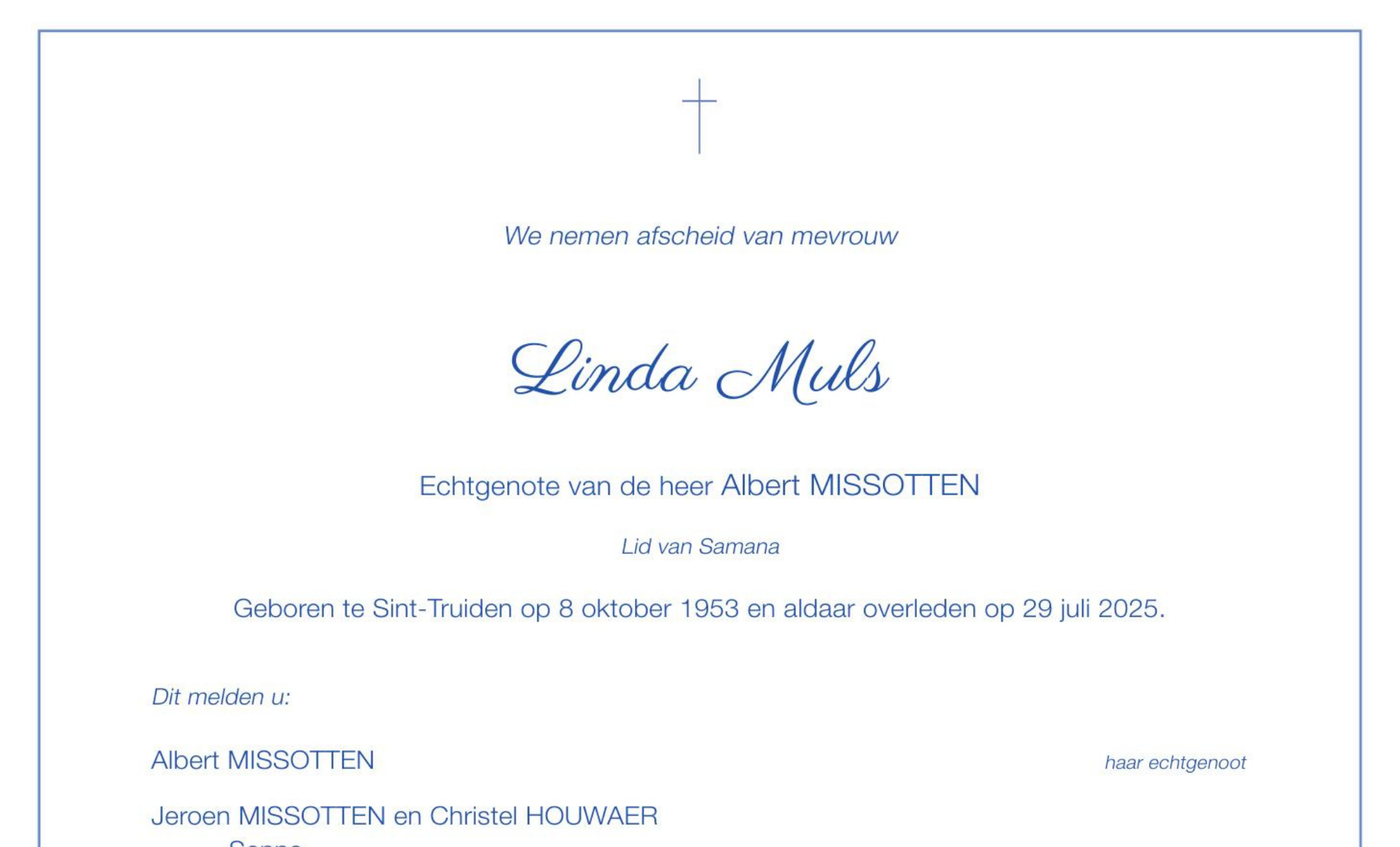 Overlijdensbericht van Linda Muls