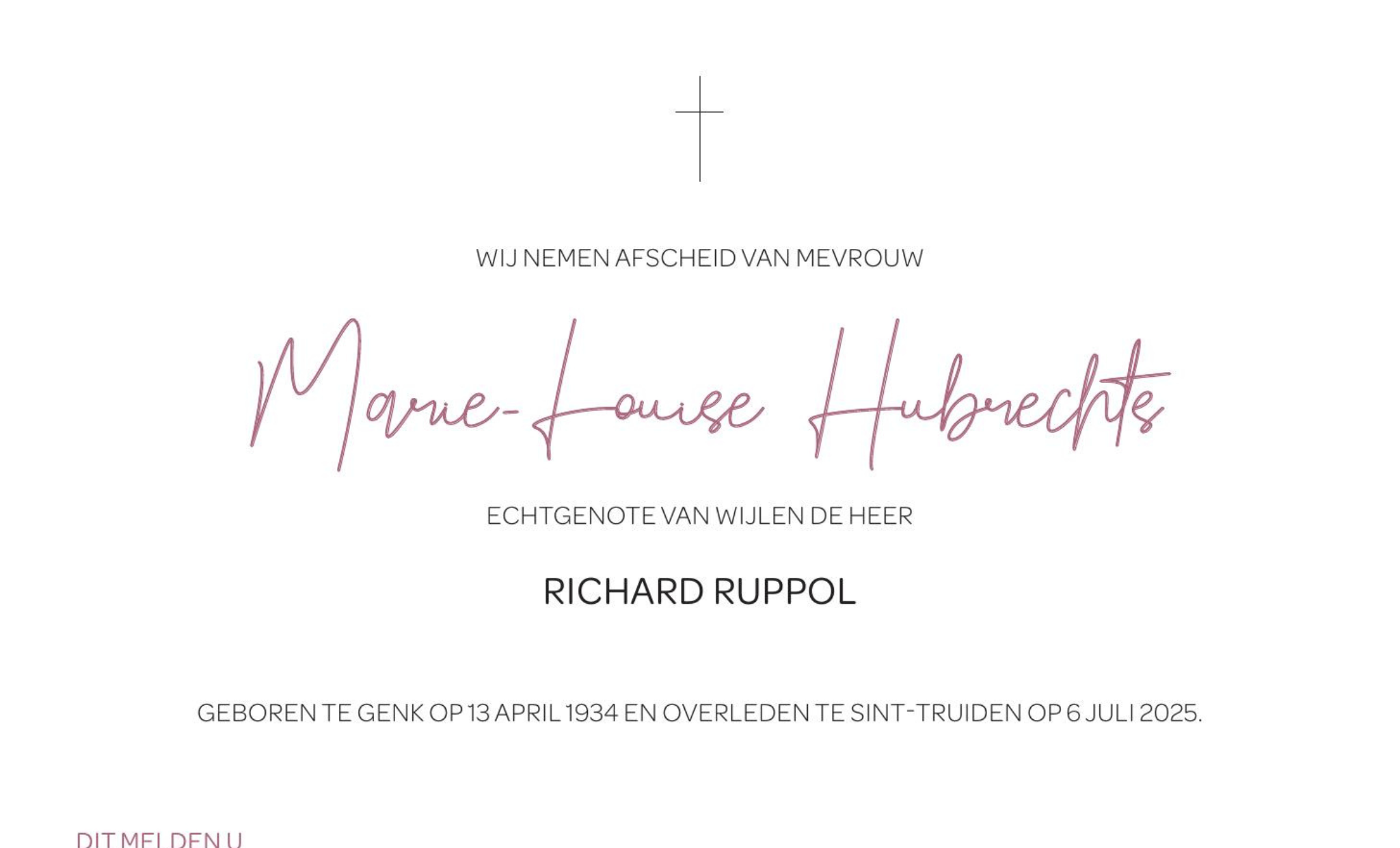 Overlijdensbericht van Marie-Louise Hubrechts