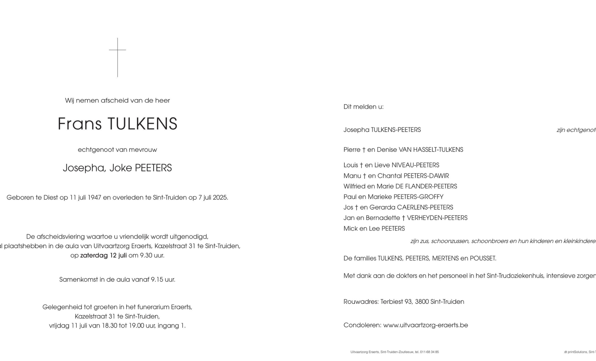 Overlijdensbericht van Frans TULKENS
