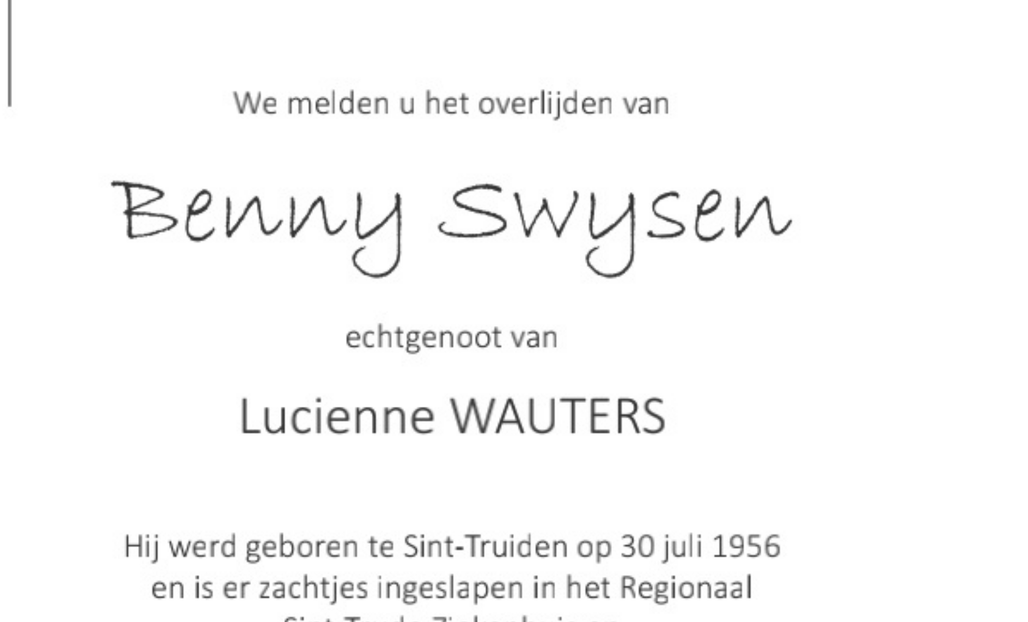 Overlijdensbericht van Benny Swysen