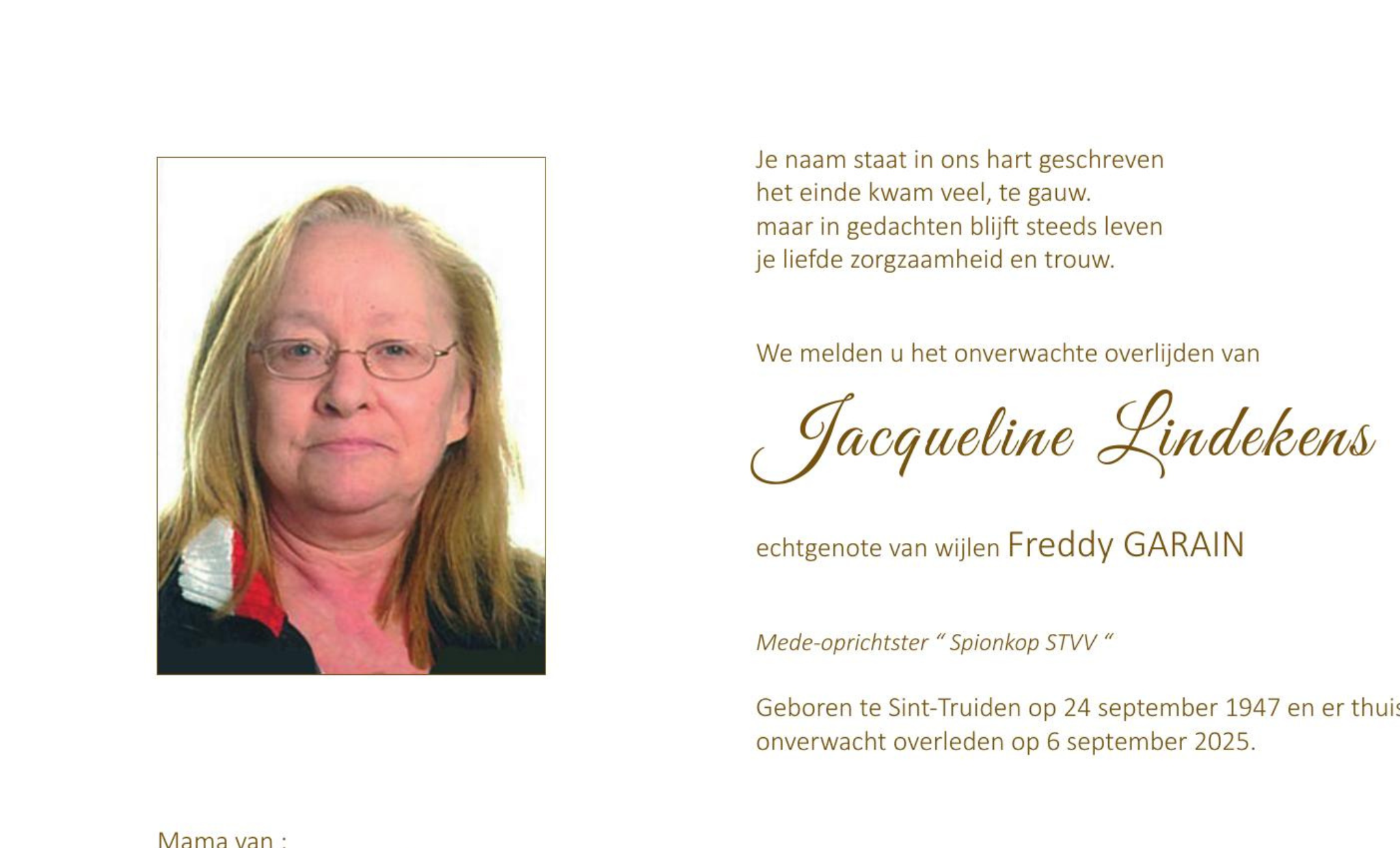 Overlijdensbericht van Jacqueline Lindekens