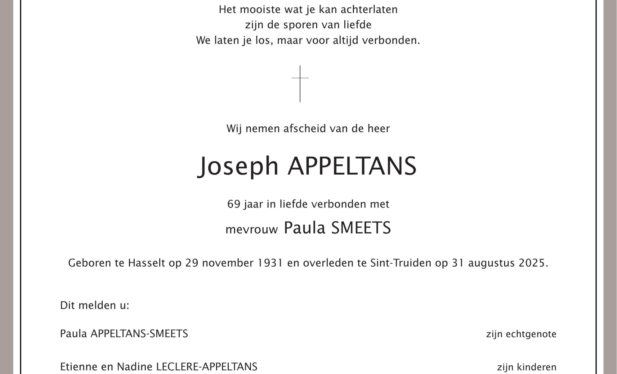 Overlijdensbericht van Joseph APPELTANS