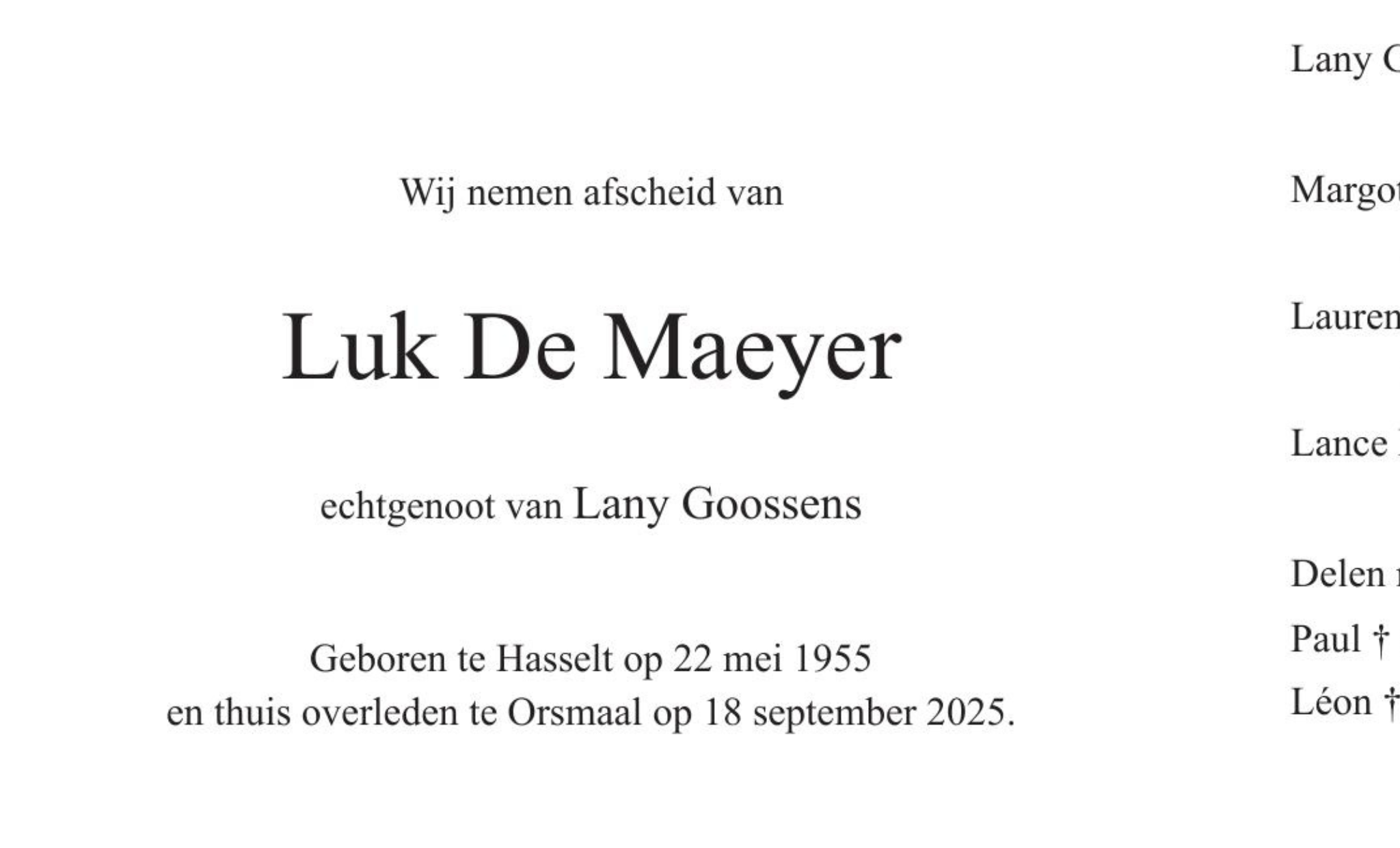 Overlijdensbericht van Luk De Maeyer