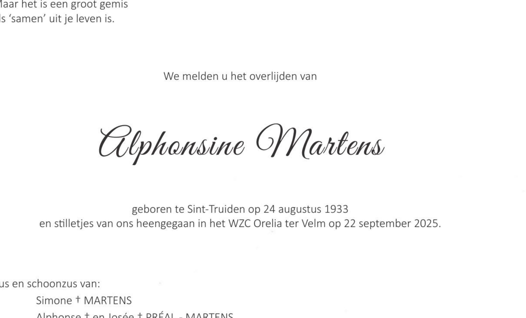 Overlijdensbericht van Alphonsine Martens
