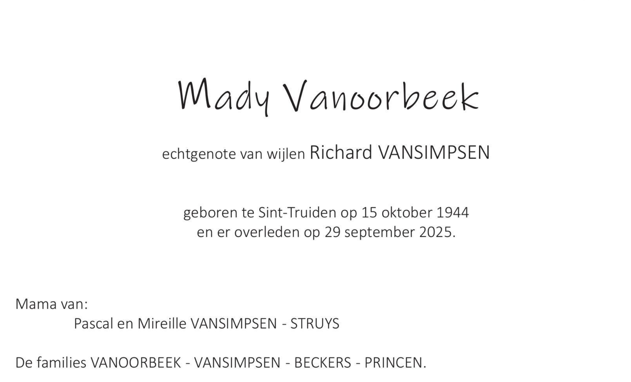 Overlijdensbericht van Mady Vanoorbeek