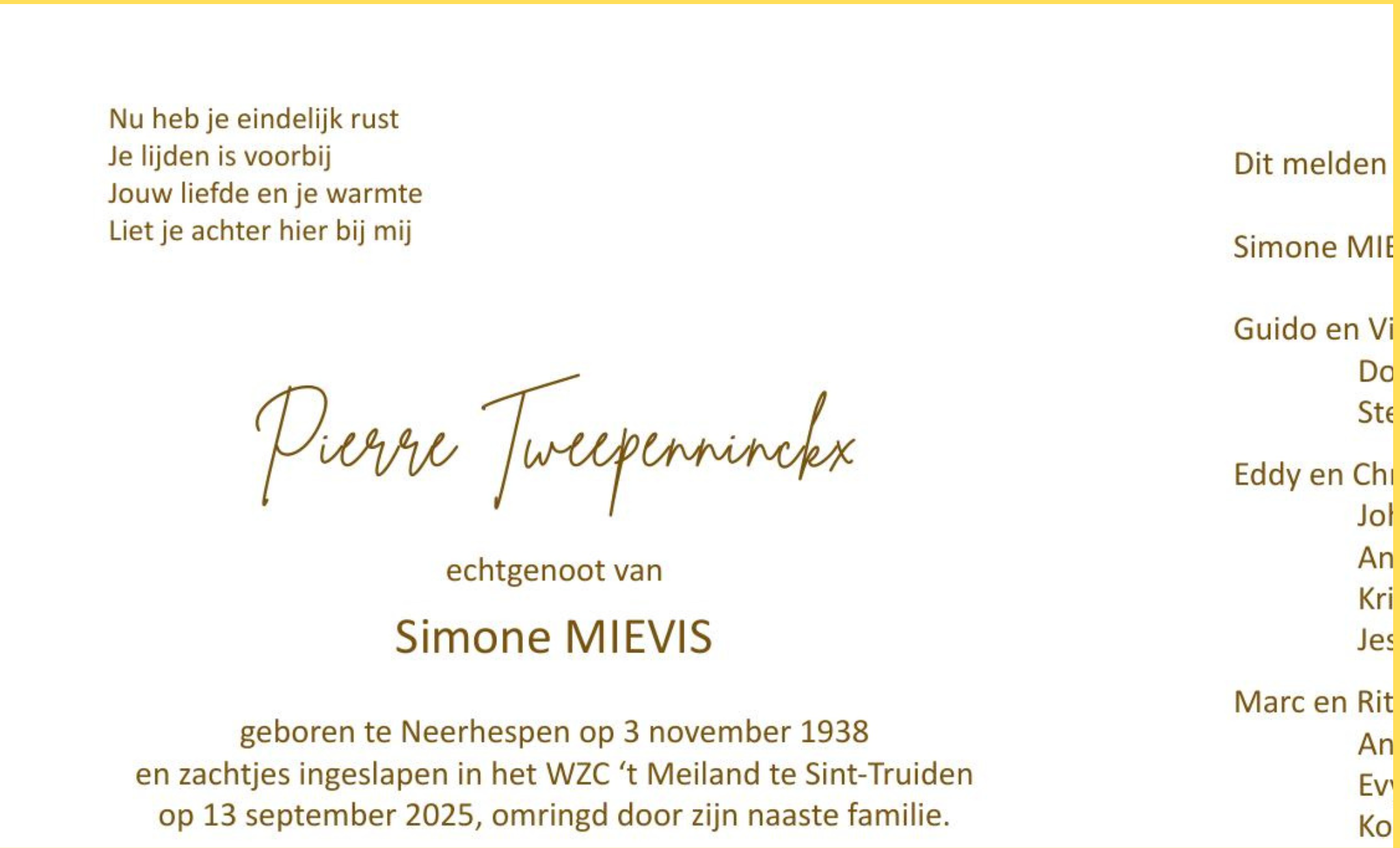 Overlijdensbericht van Pierre Tweepenninckx